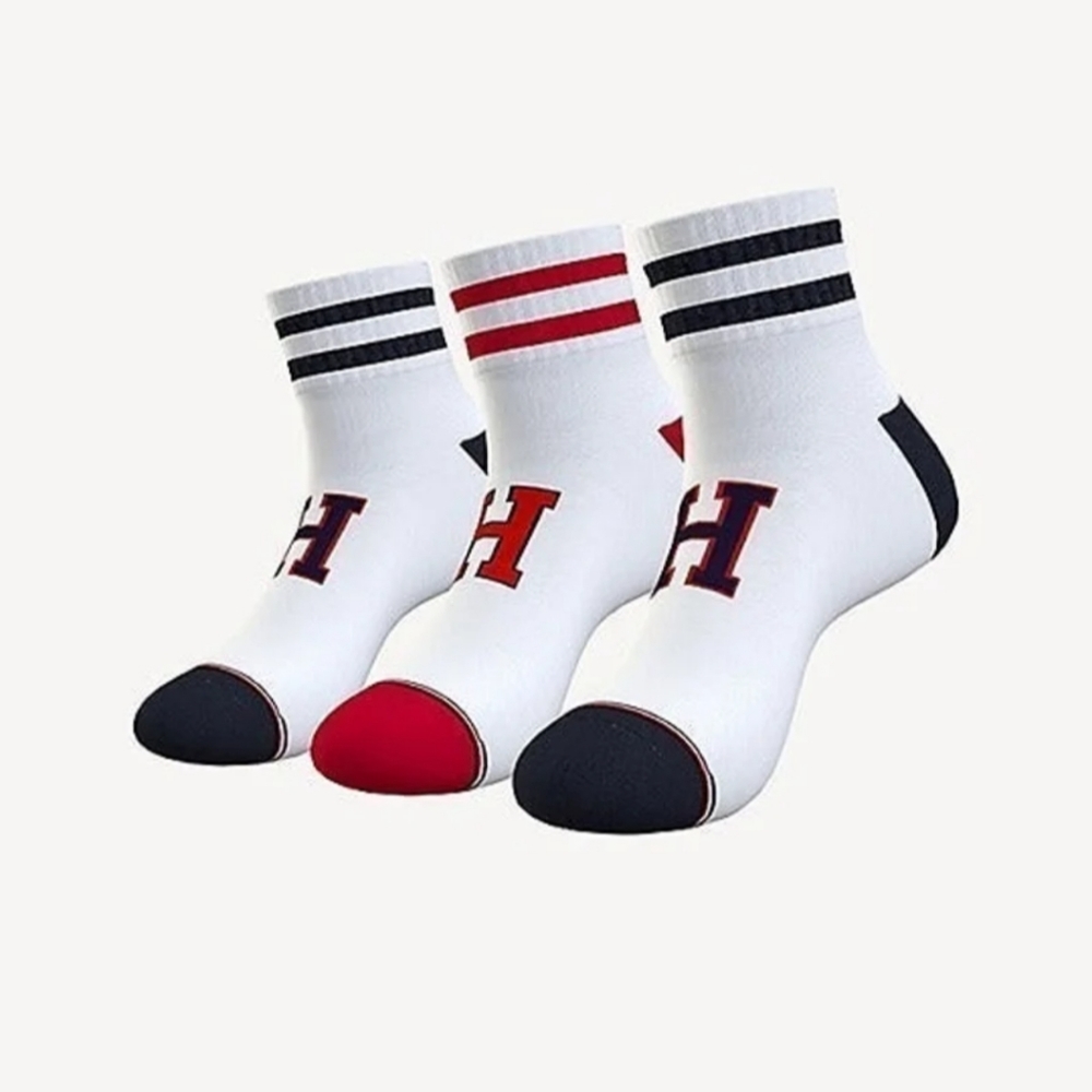 TOMMY HILFIGER Quarter Sport Socks 3 PK WHITE/MULTI OS MEN'S BNWT 1 SET LEFT